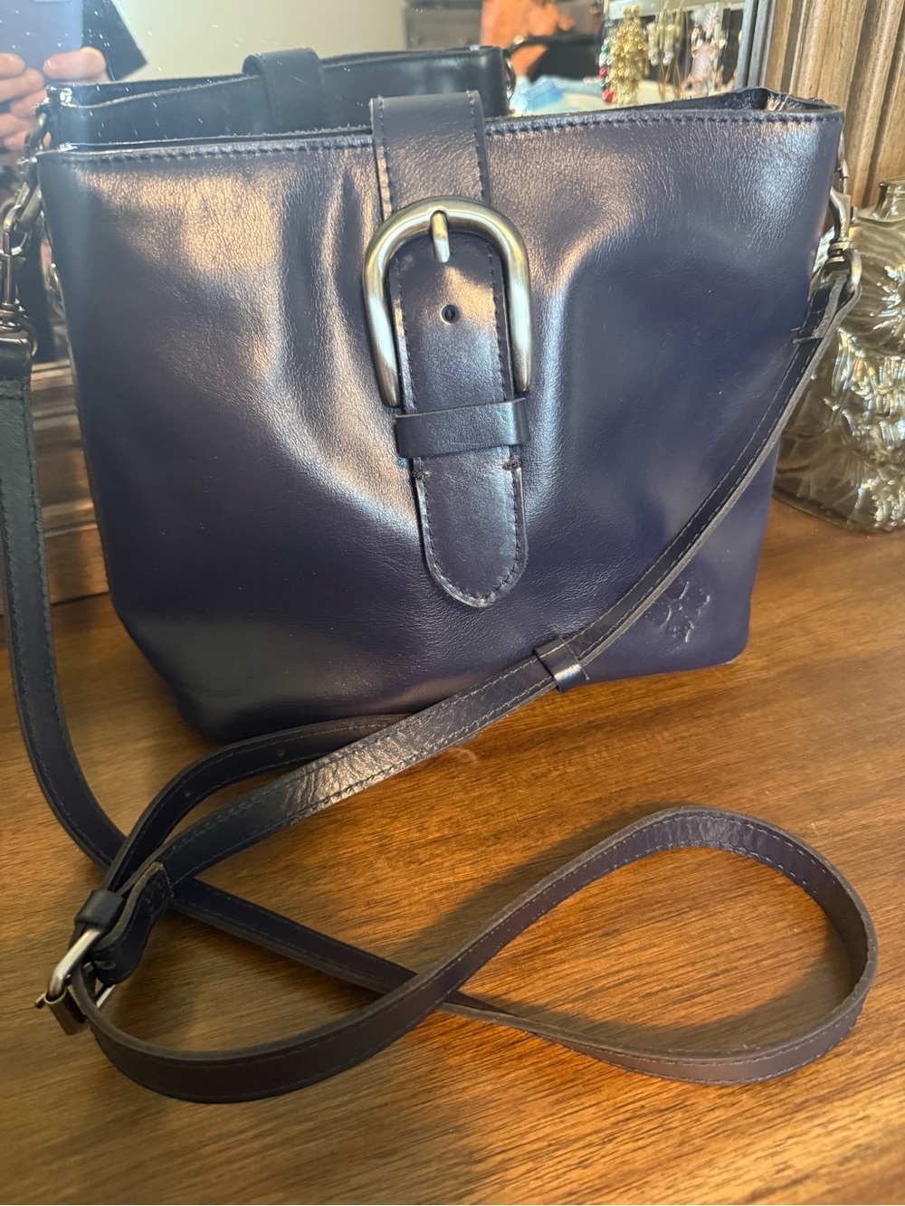 Patricia Nash Deep Navy Leather Irving Crossbody with Buckle Accent